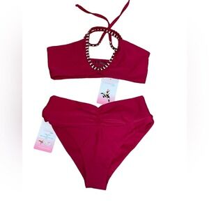 Oceanus Hayley Crystal Embellished Ruched Bikini set in Red size S